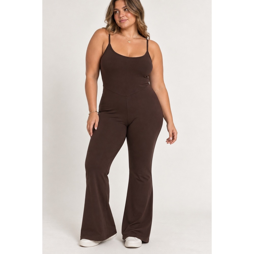 Aerie Offline Brown Flare Leg Jumpsuit Adjustable Spaghetti Straps Stretch
